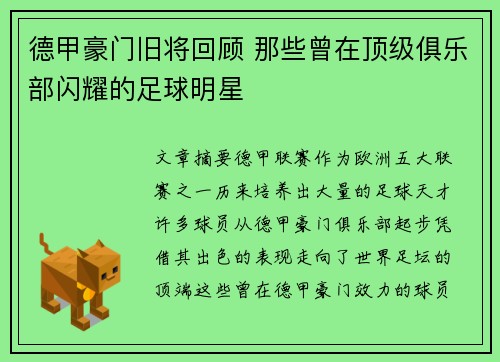 德甲豪门旧将回顾 那些曾在顶级俱乐部闪耀的足球明星